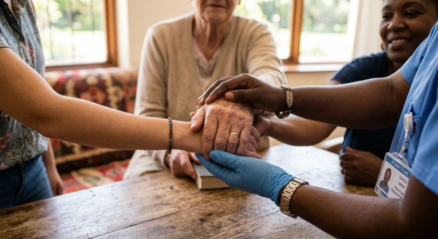 Les mains d'une infirmière et d'un proche posées sur celles d'une patiente âgée, autour d'une table.