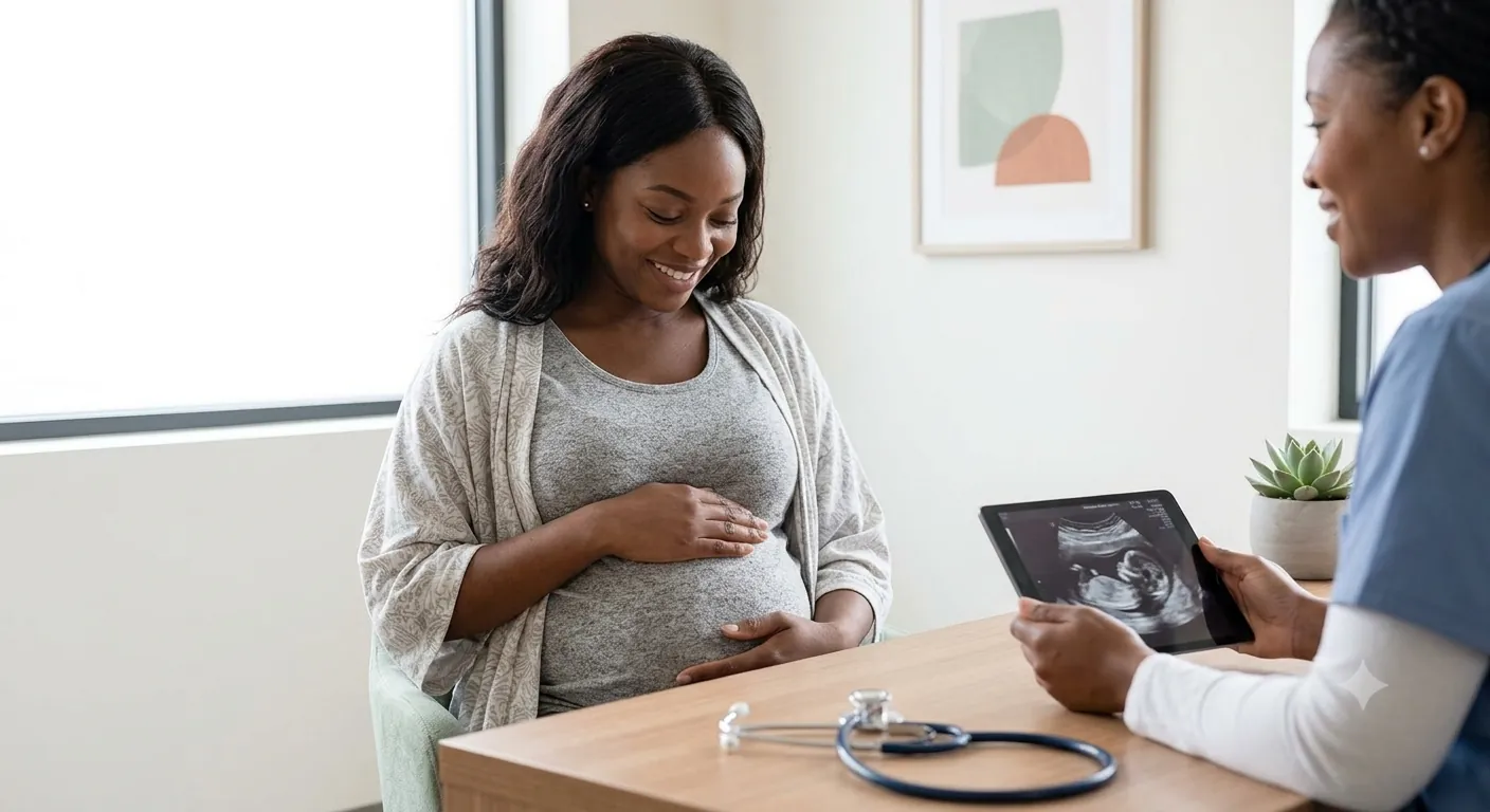 Une femme enceinte souriante pendant qu'une infirmière lui présente un résultat d'échographie sur une tablette.